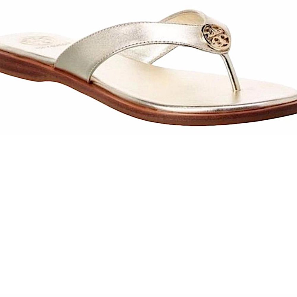 Tory Burch Gold New Calf Leather Metallic Benton Thong Sandals NWT - Picture 2 of 9